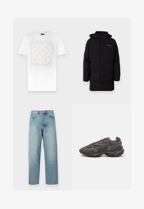 Guess Jeans PUFFER JACKET - Winter jacket - jet black; White cotton T-shirt featuring a large, subtle square pattern in light beige with rounded shapes and accents, finished with a crew neck.; Light blue denim jeans with a loose fit, straight legs, five-pocket design, and a button closure at the waist. Minimalistic stitching detail.; Lacoste sneakers in dark gray with mesh and synthetic material, featuring a textured sole and brown accents on the collar and branding.