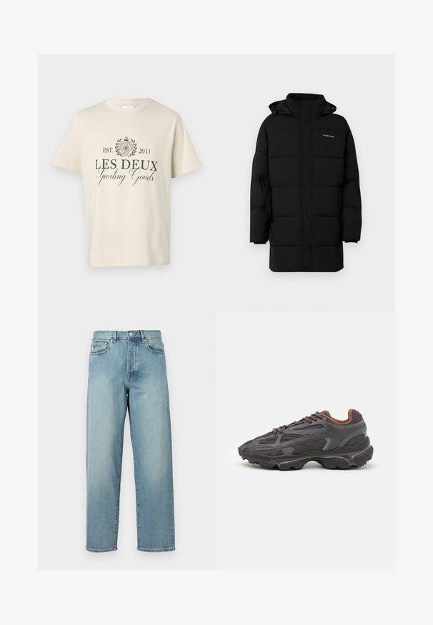 Guess Jeans PUFFER JACKET - Talvitakki - jet black; Kreemivärvi puuvillane T-särk, millel on ümmargune logo lauriokstega, tekst "LES DEUX Sporting Goods" ja asutamisaasta 2011 mustas värvis.; Vaaleansiniset farkut, joissa on löysä malli, suorat lahkeet, viisi taskua ja nappikiinnitys vyötäröllä. Minimalistinen ommel yksityiskohta.; Lacoste-tennar i mörkgrått med nät- och syntetmaterial, med en texturerad sula och bruna accenter på kragen och märket.