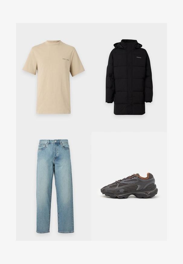 Guess Jeans PUFFER JACKET - Winter jacket - jet black; Beige cotton t-shirt with a rounded neckline and short sleeves. Features subtle black "SAMSOE" text logo on the chest.; Light blue denim jeans with a loose fit, straight legs, five-pocket design, and a button closure at the waist. Minimalistic stitching detail.; Lacoste sneakers in dark gray with mesh and synthetic material, featuring a textured sole and brown accents on the collar and branding.