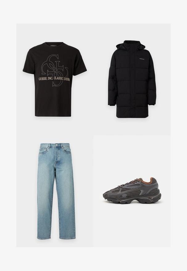 Guess Jeans PUFFER JACKET - Ziemas jaka - jet black; Melns T-krekls izgatavots no kokvilnas, ar lielu pelēku un beigu logo dizainu, centrā esošo tekstu "Guess?, Inc. Classic Design".; Gaiši zili džinsi ar brīvu piegriezumu, taisnām kājām, piecu kabatu dizainu un pogu aizdari jostasvietā. Minimālistiski izšuvumi.; Lacoste kedas tumši pelēkā krāsā ar acu audumu un sintētisko materiālu, ar teksturētu zoli un brūniem akcentiem apkaklītē un zīmola uzrakstā.