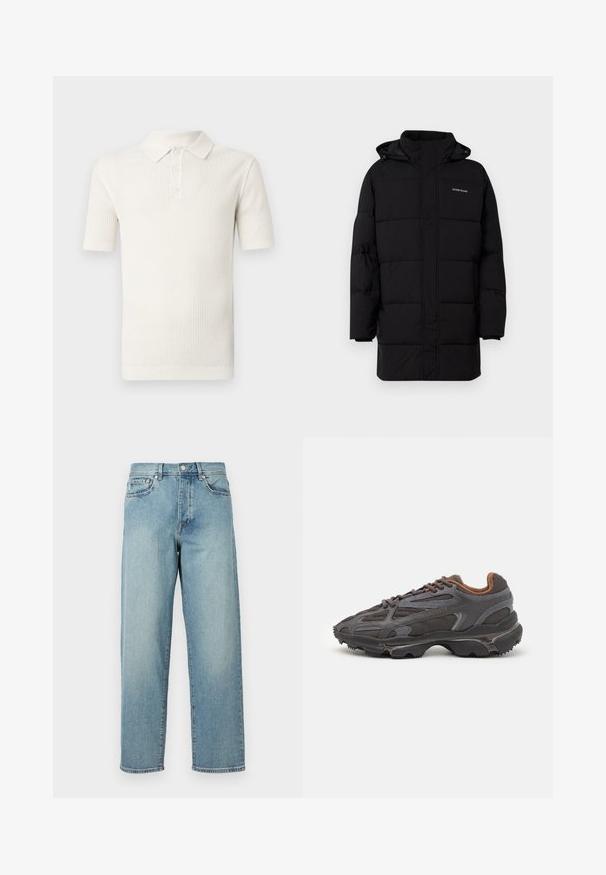 Guess Jeans PUFFER JACKET - Ziemas jaka - jet black; Baltā īsajām piedurknēm polo kreklā, izgatavotā no struktūras adījuma auduma, ar apkakli un trīs pogu piegriezumu, ar ribota apakšmala un piedurkņu aproces.; Gaiši zili džinsi ar brīvu piegriezumu, taisnām kājām, piecu kabatu dizainu un pogu aizdari jostasvietā. Minimālistiski izšuvumi.; Lacoste kedas tumši pelēkā krāsā ar acu audumu un sintētisko materiālu, ar teksturētu zoli un brūniem akcentiem apkaklītē un zīmola uzrakstā.