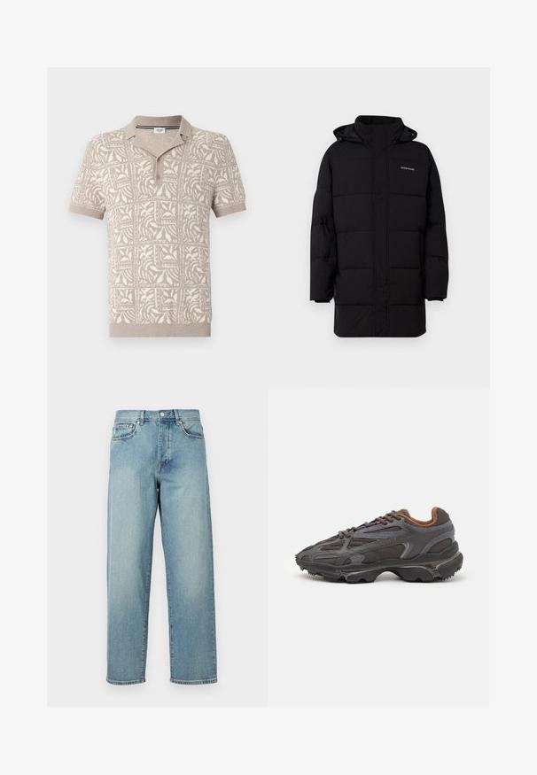 Guess Jeans PUFFER JACKET - Téli dzseki - jet black; Beige színű, rövid ujjú pólóing, texturált, mintás dizájnnal, gombos gallérral és puha kötött anyaggal, finom virágmintákkal.; Világoskék farmernadrág laza szabással, egyenes lábakkal, öt zsebes dizájnnal és gombos derékkal. Minimalista varrási részletek.; Sötét szürke Lacoste sportcipők hálós és szintetikus anyagból, textúrázott talppal és barna díszítésekkel a nyak részen és a logón.