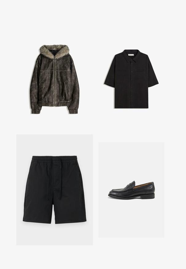 Brown faux leather jacket with a fur-lined hood, two front pockets, ribbed cuffs, and a zipper closure. Textured surface with contrasting stitching.; Black short-sleeve shirt with a collared neckline, two front pockets, button closure, and a smooth fabric texture.; Black shorts with an elastic waistband and drawstring. Made from lightweight fabric with side pockets and a simple, classic design.; Black leather loafers with a smooth finish, rounded toe, and decorative stitching on the vamp. Low stacked heel and slight shine.