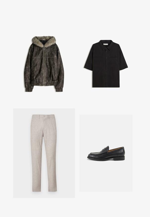 Braune Kunstlederjacke mit einer mit Fell gefütterten Kapuze, zwei Fronttaschen, Rippbündchen und einem Reißverschluss. Strukturiert Oberfläche mit kontrastierenden Nähten.; Schwarzes Kurzarmhemd mit Kragen, zwei aufgesetzten Taschen vorne, Knopfverschluss und einer glatten Stoffstruktur.; Beige Leinenhosen mit geradem Schnitt, ausgestattet mit einem Knopfverschluss, Fronttaschen und ohne sichtbare Muster oder Verzierungen.; Schwarze Leder Slipper mit glatter Oberfläche, runder Spitze und dekorativer Naht auf dem Vorderblatt. Niedriger Blockabsatz und leichter Glanz.