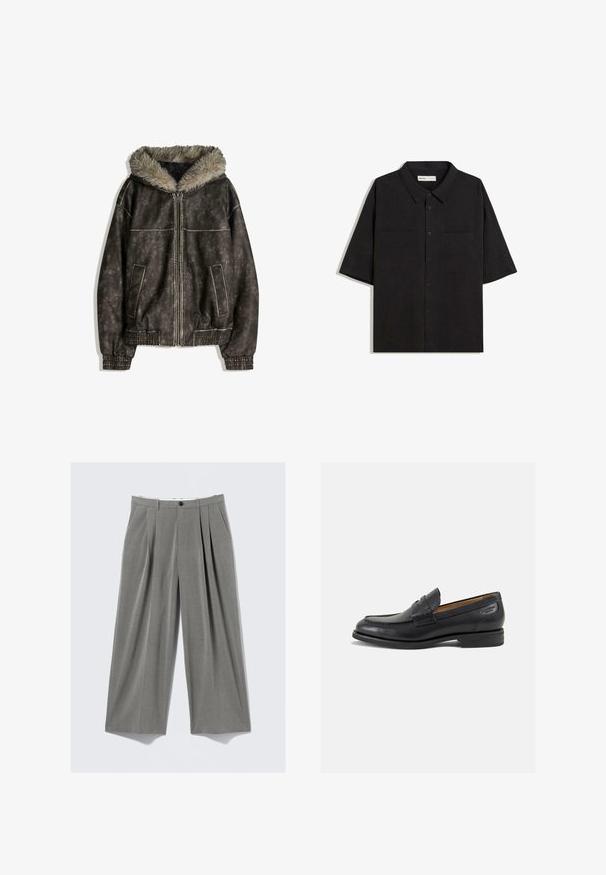 Veste en cuir synthétique marron avec une capuche en fourrure, deux poches avant, des poignets côtelés et une fermeture éclair. Surface texturée avec des coutures contrastantes.; Chemise noire à manches courtes avec un col, deux poches frontales, fermeture par boutons et une texture de tissu lisse.; Pantalons de costume larges à rayures grises avec plis sur le devant, passants de ceinture, poches latérales et fermeture à bouton noir.; Mocassins en cuir noir avec une finition lisse, bout rond et coutures décoratives sur la tige. Talon bas empilé et léger brillant.