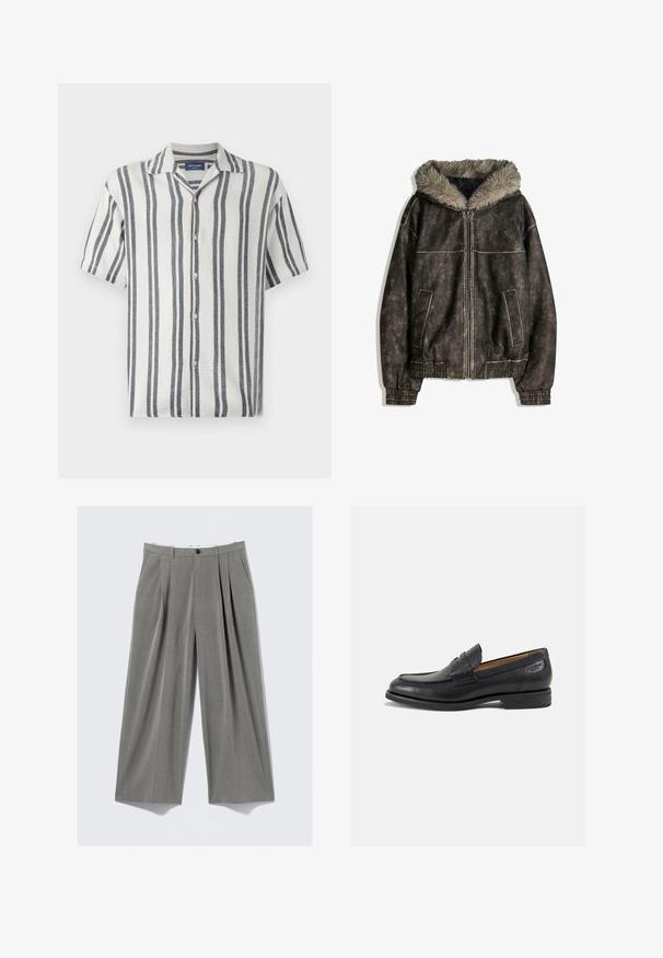 Braune Kunstlederjacke mit einer mit Fell gefütterten Kapuze, zwei Fronttaschen, Rippbündchen und einem Reißverschluss. Strukturiert Oberfläche mit kontrastierenden Nähten.; Kurzarmhemd aus strukturiertem Stoff mit weißen und marineblauen vertikalen Streifen, ausgestattet mit einem angesetzten Kragen und einer Knopfleiste.; Grau gestreifte, weit geschnittene Anzughose mit vorderem Bundfalten, Gürtelschlaufen, Seitentaschen und einem schwarzen Knopfverschluss.; Schwarze Leder Slipper mit glatter Oberfläche, runder Spitze und dekorativer Naht auf dem Vorderblatt. Niedriger Blockabsatz und leichter Glanz.