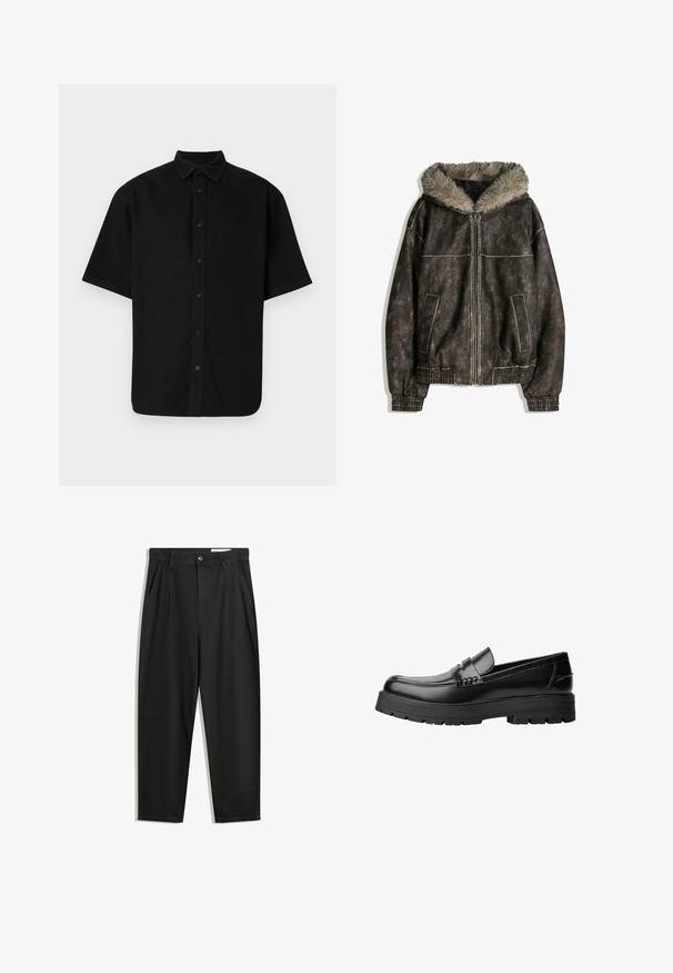 Rjava usnjena jakna iz umetnega materiala s kapuco obloženo s krznom, dvema sprednjima žepoma, rebrastimi manšetami in zadrgo. Teksturirana površina s kontrastnim šivanjem.; Črna kratkoročna majica z rokavi, izdelana iz bombaža, z gumbasto zapenjanjem spredaj, ovratnikom in ravnim robom, brez vzorcev ali dodatkov.; Črne bombažne hlače s sproščenim krojem, ki vključujejo klasičen pas, sprednje gube in stranske žepke. Gladka tekstura brez vzorcev.; Črne usnjene loafersice s debelim profiliranim podplatom in dekorativnim pasom čez zgornji del, prikazane v levem stranskem profilu na beli podlagi.