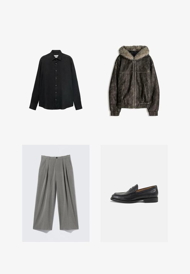 Giacca in ecopelle marrone con cappuccio foderato in pelliccia, due tasche anteriori, polsini a coste e chiusura con zip. Superficie testurizzata con cuciture a contrasto.; Maglietta nera a maniche lunghe realizzata in tessuto testurizzato; presenta un colletto e una chiusura frontale con bottoni visibili e un orlo dritto.; Pantaloni da abito grigio a righe con gamba larga, pieghe frontali, passanti per cintura, tasche laterali e chiusura a bottone nera.; Mocassini in pelle nera con finitura liscia, punta arrotondata e cuciture decorative sulla tomaia. Tacco basso impilato e leggero lucido.