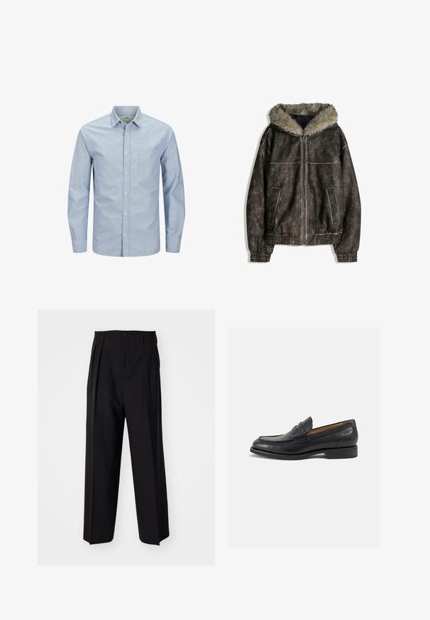 Hnědá bunda z umělé kůže s kapucí podšitou kožešinou, dvěma předními kapsami, žebrovanými manžetami a zapínáním na zip. Texturovaný povrch s kontrastním šitím.; Světle modrá, dlouhá košile s knoflíky, která má kapsu na levé straně hrudi. Vyrobena z měkké tkaniny s hladkým povrchem a jemným detailem loga.; Černé skládací kalhoty s rovnými, širokými nohavicemi. Vyrobené z hladké tkaniny, se zapínáním na knoflík a poutky na opasek.; Černé kožené mokasíny s hladkým povrchem, zaoblenou špičkou a dekorativním prošíváním na svršku. Nízký podpatka a mírný lesk.