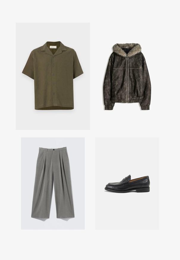 Brązowa kurtka z sztucznej skóry z kapturem wyściełanym futrem, dwoma przednimi kieszeniami, prążkowanymi mankietami i zapięciem na zamek. Teksturowana powierzchnia z kontrastowym przeszyciem.; Koszulka z krótkim rękawem bez kołnierzyka w ciemnooliwkowym kolorze. Posiada pięć guzików z przodu oraz prosty dół. Wykonana z mieszanki lnu.; Szare spodnie garniturowe w szerokim kroju w prążki, z fałdami z przodu, szlufkami na pasek, kieszeniami bocznymi i czarnym zapięciem na guzik.; Czarne skórzane mokasyny o gładkim wykończeniu, zaokrąglonym nosku i dekoracyjnym przeszyciu na cholewce. Niski, warstwowy obcas i delikatny połysk.
