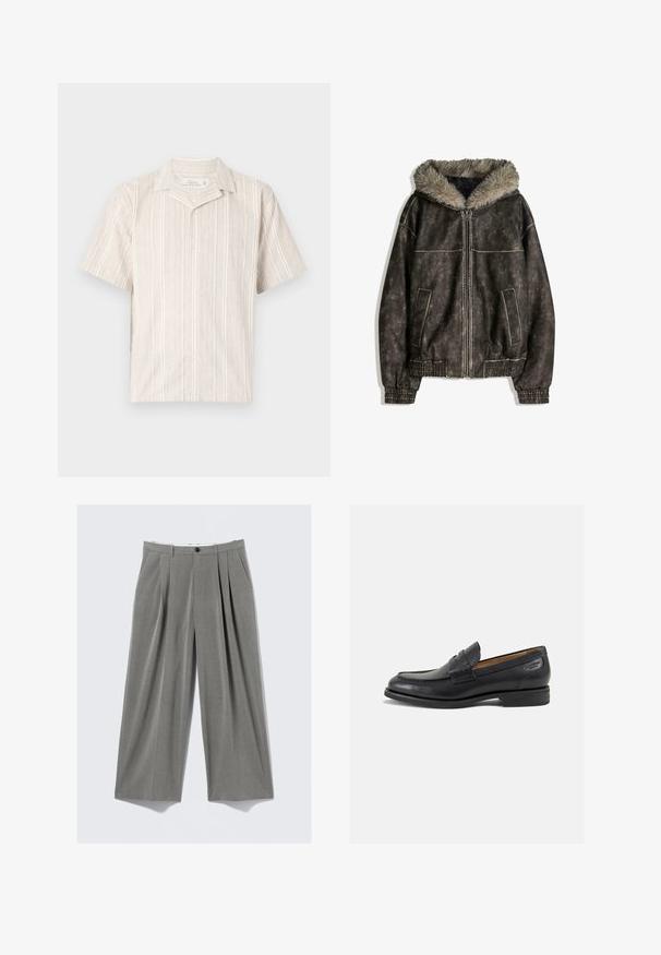 Brown faux leather jacket with a fur-lined hood, two front pockets, ribbed cuffs, and a zipper closure. Textured surface with contrasting stitching.; Short-sleeve, collared shirt in light beige with vertical stripes; made from linen blend; button-down front with textured fabric.; Gray pinstripe wide-leg dress pants with front pleats, belt loops, side pockets, and a black button closure.; Black leather loafers with a smooth finish, rounded toe, and decorative stitching on the vamp. Low stacked heel and slight shine.