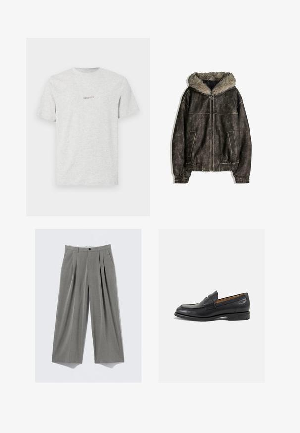 Hnědá bunda z umělé kůže s kapucí podšitou kožešinou, dvěma předními kapsami, žebrovanými manžetami a zapínáním na zip. Texturovaný povrch s kontrastním šitím.; Šedé bavlněné tričko s krátkým rukávem, kulatým výstřihem a malým načervenalohnědým potiskem na přední straně, který říká "LES DEUX".; Šedé pruhované široké kalhoty s předními záhyby, poutky na opasek, bočními kapsami a černým knoflíkem na zapínání.; Černé kožené mokasíny s hladkým povrchem, zaoblenou špičkou a dekorativním prošíváním na svršku. Nízký podpatka a mírný lesk.
