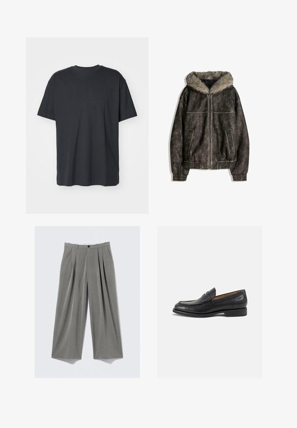 Bruine faux leren jasje met een bontvoering in de capuchon, twee voorzakken, geribbelde manchetten en een ritssluiting. Gestructureerd oppervlak met contrasterende stiksels.; Zwarte katoen t-shirt met korte mouwen, ronde halslijn, relaxte pasvorm en een zachte textuur. Geen zichtbare patronen of extra details.; Grijze streepjesslips met wijde pijpen, met voorplooien, riemlussen, zijzakken en een zwarte knoopsluiting.; Zwarte leren loafers met een gladde afwerking, ronde neus en decoratieve stiksels op de wreef. Lage gestapelde hak en een lichte glans.