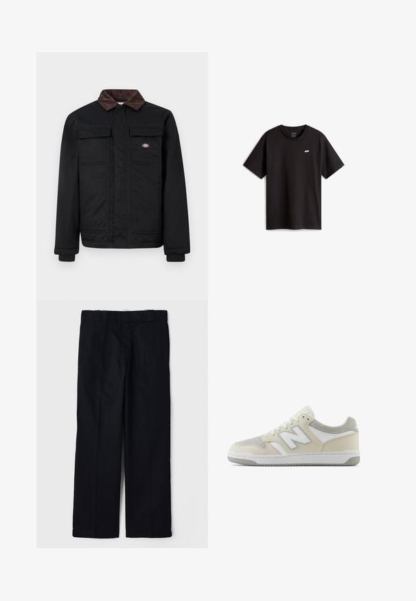 Giacca da lavoro nera con colletto in corduroy marrone, due tasche sul petto con pattina e una cerniera frontale nascosta da una patta, con un piccolo logo del marchio sul petto.; T-shirt nera in cotone con maniche corte e scollo rotondo. Presenta un piccolo logo bianco di skateboard sul petto. Design e taglio semplici.; Pantaloni neri realizzati in un tessuto liscio, con un design a gamba dritta, tasche laterali e una vita classica con passanti per cintura.; Sneaker in suede e pelle beige con accenti bianchi, caratterizzata da un design testurizzato, laccio frontale e logo distintivo sul lato.