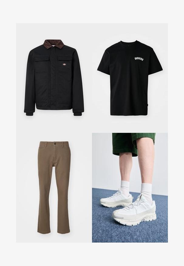 Veste de travail noire avec col en velours côtelé marron, deux poches poitrine à rabat et une fermeture éclair à l'avant dissimulée par un panneau, avec un petit logo de marque sur la poitrine.; T-shirt en coton noir à manches courtes et col ras du cou. Présente un logo courbé blanc "DICKIES" sur la poitrine. Design simple, sans motifs.; Pantalon marron à jambes droites en coton avec une texture lisse, doté d'une fermeture à bouton, d'une fermeture éclair et de poches avant.; Des chaussures de sport blanches avec des superpositions texturées, une semelle épaisse et des accents gris. Portées avec des chaussettes blanches et des shorts verts sur une surface bleue.
