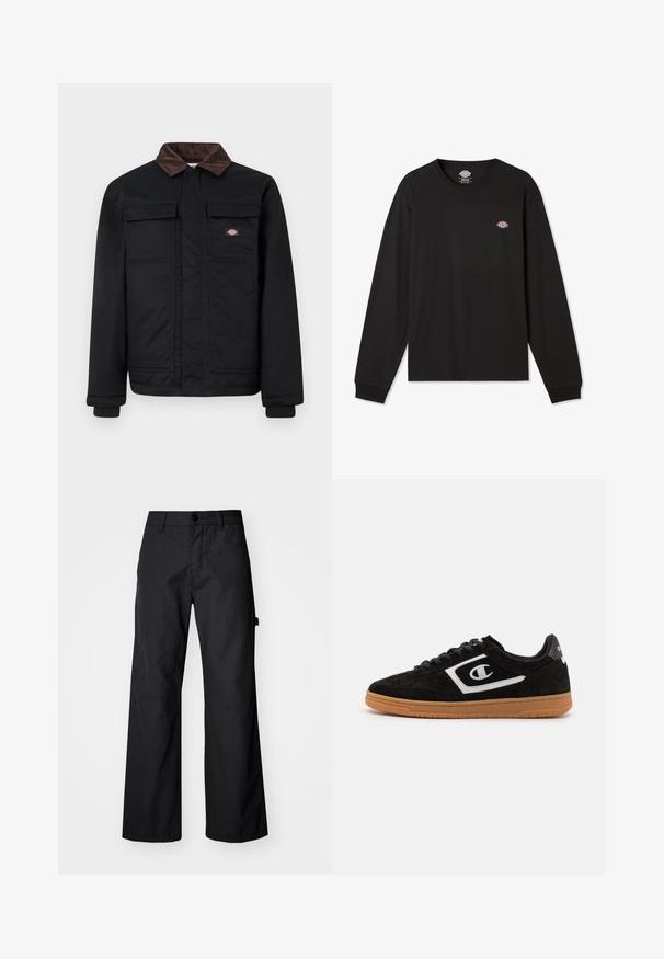Chaqueta de trabajo negra con cuello de pana marrón, dos bolsillos de solapa en el pecho y un cierre frontal oculto por una tapeta, con un pequeño logo de la marca en el pecho.; Camiseta negra de manga larga de algodón, con un pequeño logo multicolor de Dickies en la parte izquierda del pecho y puños acanalados.; Pantalones anchos, negros, fabricados con un tejido durable. Cierre de botón y bolsillos laterales. Textura suave con un diseño limpio.; Zapatilla de ante negra con un logo blanco, diseño con cordones y suela de goma. Presenta una textura suave y forma redondeada.