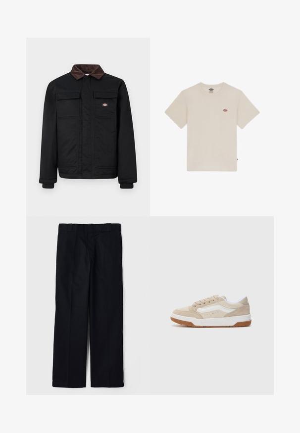 Juodas darbo švarkas su rudais įrankių kišenėmis, dviem krūtinės kišenėmis su užsegimu ir priekyje paslėptu užtrauktuku, ant krūtinės esantis mažas prekės ženklas.; Grietos spalvos medvilninis marškinėliai su trumpomis rankovėmis, apvaliu iškirpimu ir mažuoju daugiakoloriniu siuvinėtu logotipu krūtinėje.; Juodos kelnės, pagamintos iš lygaus audinio, su tiesiomis kojomis, šoninėmis kišenėmis ir klasikine liemens juosta su diržų kilpomis.; Bežiniai zomšiniai sportbačiai su baltais akcentais, apvaliu pirštu, tekstūruotu guminiu padu ir žemo profilio dizainu. Siuvinėjimo detalės šonuose ir raišteliuose.