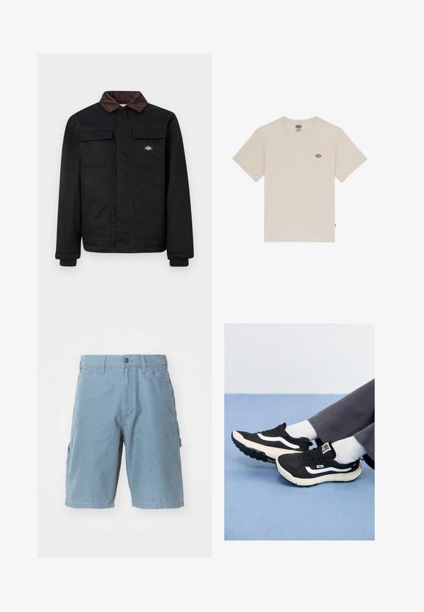 Crna radna jakna s ovratnikom od smešnog kožnog materijala, dva džepa s poklopcem na grudima i prednjim zatvaračem skrivenim ispod preklopa, s malim brend logotipom na grudima.; Krem-žuti pamučni majica s kratkim rukavima, okruglim izrezom i malim višebojnim izvezenim logotipom na prsima.; Plavi pamučni cargo šorts s ravnim krojem, s prednjim i bočnim džepovima, zakopčanjem na dugme i teksturiranom tkaninom.; Crne tenisice s bijelim detaljima, od mrežastih i gumiranih materijala, s teksturiranim potplatom i petnim detaljem. Uparene s bijelim čarapama i sivim hlačama.