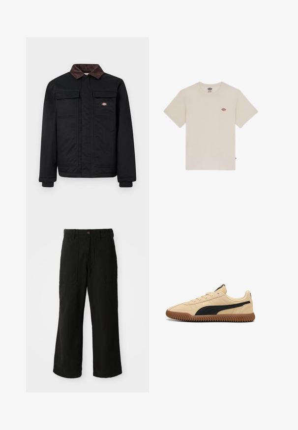 Črna delovna jakna z rjavim žametnim ovratnikom, dvema žepoma na prsih s poklopcem in sprednjim zadrgo, skrito za patrom, z majhnim logotipom blagovne znamke na prsih.; Kremna bombažna majica s kratkimi rokavi, okroglo izrezana in z majhnim večbarvnim vezenim logotipom na prsi.; Črne široke hlače iz mehkega blaga, ki imajo sprednje žepe in gumbasto zapiranje pri pasu. Minimalistična zasnova brez vidnih vzorcev.; Puma superge z zgornjim delom iz bež semiša, črno lateralno črto in rebrastim rjavim gumijastim podplatom. Opremljene so z vezalnim sistemom in oblazinjenim ovratnikom.