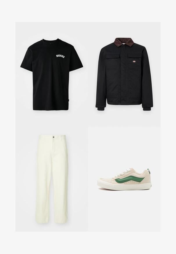 Mustal tööjakki pruunist sametist kraega, kaks rinnaflappi taskut ja esiküljes peidetud tõmblukk, millel on rinnas väike brändi logo.; Must musta T-särk lühikeste käiste ja ümmarguse kaelusega. Rindadele on trükitud valge kaarline logo "DICKIES". Lihtne disain, ilma mustriteta.; Heledad kollased puuvillased püksid sirge lõikega, millel on ees nööpidega sulgus, vööpaelad ja puhas, minimalistlik disain.; Beežist suede-stiilne sneaker, millel on rohelised nahast aktsendid, ümar varvas, valged laces ja tekstuuriga detailid külgedel. Nähtav kummist välistald.