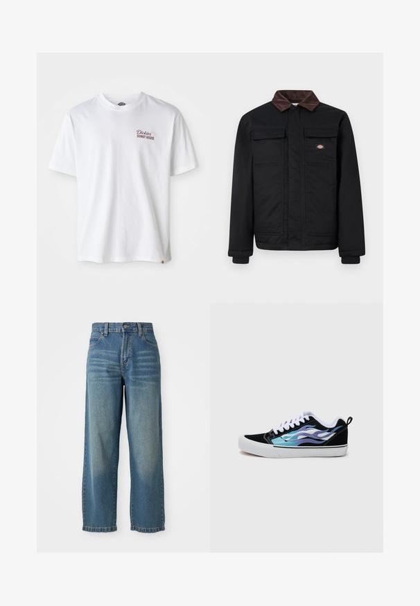 Black work jacket with brown corduroy collar, two chest flap pockets, and a front zipper concealed by a placket, with a small brand logo on the chest.; White cotton t-shirt featuring "Dickies Donut House" logo in red on the left chest, short sleeves, and a crew neckline.; Light blue denim wide-leg jeans with a high waist, five pockets, and a slightly faded finish. Features a button and zipper closure.; Black suede sneakers with a white rubber sole. Features iridescent blue and purple flame designs. White laces and a rear pull tab.