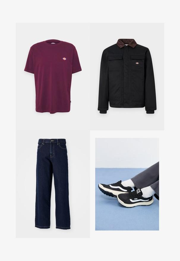 Juodas darbo švarkas su rudais įrankių kišenėmis, dviem krūtinės kišenėmis su užsegimu ir priekyje paslėptu užtrauktuku, ant krūtinės esantis mažas prekės ženklas.; Bordo medvilnės marškinėliai su apvalia kaklo iškirpte, trumpomis rankovėmis ir mažu daugiakontūriniu logotipu ant krūtinės. Lygi tekstūra, standartinio modelio.; Tamsiai mėlynos plačios kojų džinsai, pagaminti iš džinsinio audinio su tiesiu pjūviu, penkių kišenių dizainu ir baigiamosiomis siūlėmis palei apykaklę.; Juodi sportiniai batai su baltais akcentais, pagaminti iš tinklinės ir gumos medžiagų, su tekstūriniu padu ir kulno užtrauktuku. Dėvimi su baltais kojiniais ir pilkomis kelnėmis.