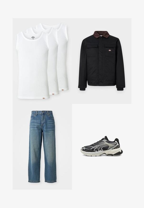 Črna delovna jakna z rjavim žametnim ovratnikom, dvema žepoma na prsih s poklopcem in sprednjim zadrgo, skrito za patrom, z majhnim logotipom blagovne znamke na prsih.; Tri bele majice brez rokavov iz rebrastega bombaža. Vsaka ima okroglo izrez in majhno oznako na robu. Klasičen, preprost dizajn.; Svijetloplavi traper široke hlače visokog struka, s pet džepova i blago izblijedjelim završetkom. Sadrži kopčanje na dugme i zatvarač.; Črne atletske čevlje z mrežasto in sintetično oblogo, opremljene s podložnim ovratnikom, strukturirano podplatom in srebrnimi poudarki v poenostavljenem dizajnu.