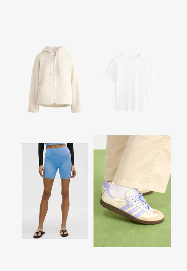 Hvid fleece zip-up hættetrøje med snor i hætten, sidelommer og struktureret stof. Har en afslappet pasform og glat foring.; Hvid bomulds t-shirt, korte ærmer, rund halsudskæring, afslappet pasform, glat tekstur, ingen mønstre eller accenter, simpel design, alsidig stil.; Lyseblå sportsshorts lavet af glat, strækbart materiale. Har høj talje og en tætsiddende pasform, kombineret med sorte flip-flops.; Creme og lavendel sneakers med tre striber og en tekstureret brun sål, der har snørebånd og en polstret hæl. Blødt stof øvre.