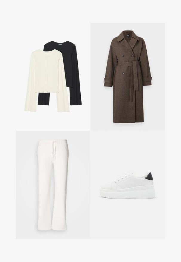 Brun herringbone-mønstrete frakk med dobbeltradet design, stor krage, belte i midjen og mansjettsleeves. Teksturert ullblanding.; Sett med to langermede topper i hvit og svart. Ribbete tekstur, rund hals, tettsittende design med lett utsvingte ermer.; Hvite, avslappede joggebukser laget av myk stoff, med elastisk liv med snor og rett ben-design.; Hvite plattform sneakers laget av glatt syntetisk materiale, med rund tå, snøring og en strukturert gummisåle. Svart hæl akcent.
