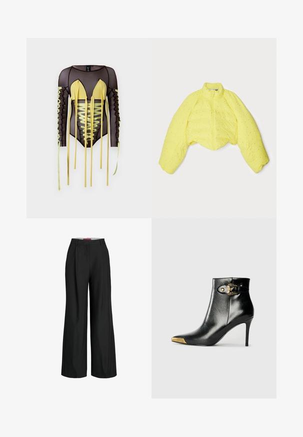Gul cropped pufferjakke med høj krave, med lynlås-lukning og struktureret overflade med små sølvprikker på stoffet.; Sort mesh bodysuit med lange ærmer, der har gule accenter, en dyb V-udskæring og snøredetaljer med lange bånd langs siderne.; Sorte vidde bukser med et skræddersyet design, der har plisseringer og en glat stofstruktur. Rene linjer uden synlig hardware eller accenter.; Sort læder ankelstøvle med spids tå og stiletto hæl. Har en tåhætte med guldfinish og en sidespændedetalje.