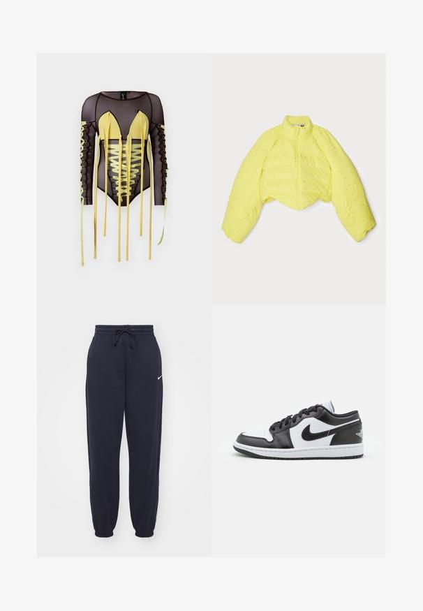 Gelbe, kurz geschnittene Daunenjacke mit hohem Kragen, ausgestattet mit einem Reißverschluss und einer strukturierten Oberfläche, die mit kleinen silbernen Punkten über dem Stoff verziert ist.; Schwarzer Netz-Bodysuit mit langen Ärmeln, der gelbe Akzente, einen tiefen V-Ausschnitt und Schnürdetails mit langen Bindebändern an den Seiten aufweist.; Nike Jogginghosen in Marineblau, aus weichem Material hergestellt. Mit einem elastischen Bund und einem Kordelzug sowie Bündchen an den Knöcheln. Kleines weißes Logo als Akzent.; Schwarz-weiße Nike Low-Top-Sneaker verfügen über ein glattes Leder-Obermaterial, eine runde Zehenpartie, eine Schnürung und eine gemusterte Gummisohle.