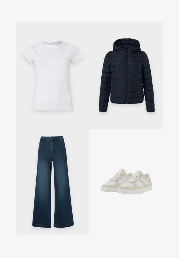 TOM TAILOR DENIM LIGHTWEIGHT PUFFER JACKET - Jas - sky captain blue; Witte katoenen t-shirt met korte, geschulpte mouwen, ronde halslijn, getailleerde vorm, gladde textuur en geen zichtbare patronen of versieringen.; Donkerblauwe hoge taille wijde spijkerbroek met front pockets en riemlussen op een witte achtergrond.; Beige en witte sneakers met een gestructureerde bovenkant, vetersluiting en gevoerde kraag. Voorzien van drie witte zijstrepen en een rubberen zool.
