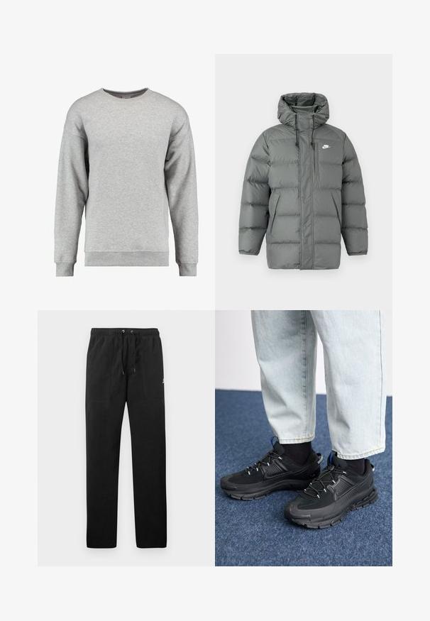 Pilkas pūkuotas švarkas su gobtuvu, užtrauktuko uždarymo ir reguliuojamomis raištelėmis. Yra didelės paminkštintos dalys ir šoninė kišenė su logotipu.; Pilkas megztinis su apvalia iškirpte, pagamintas iš minkštos medvilnės. Turi ilgas rankoves, gumuotus rankogalius ir apatinę dalį, taip pat paprastą, be puošmenų dizainą.; Juodos vilnonės kelnės su elastiniu juosmeniu ir raišteliais, dviem priekinėmis kišenėmis ir maža slogo ant šlaunies.; Juodi sportiniai bateliai su tekstūruota medžiaga ir guminiais padais, su elastingomis raišteliais ir mėlynu akcentu ant kulno. Dėvimi su šviesiai mėlynomis džinsinėmis kelnėmis.