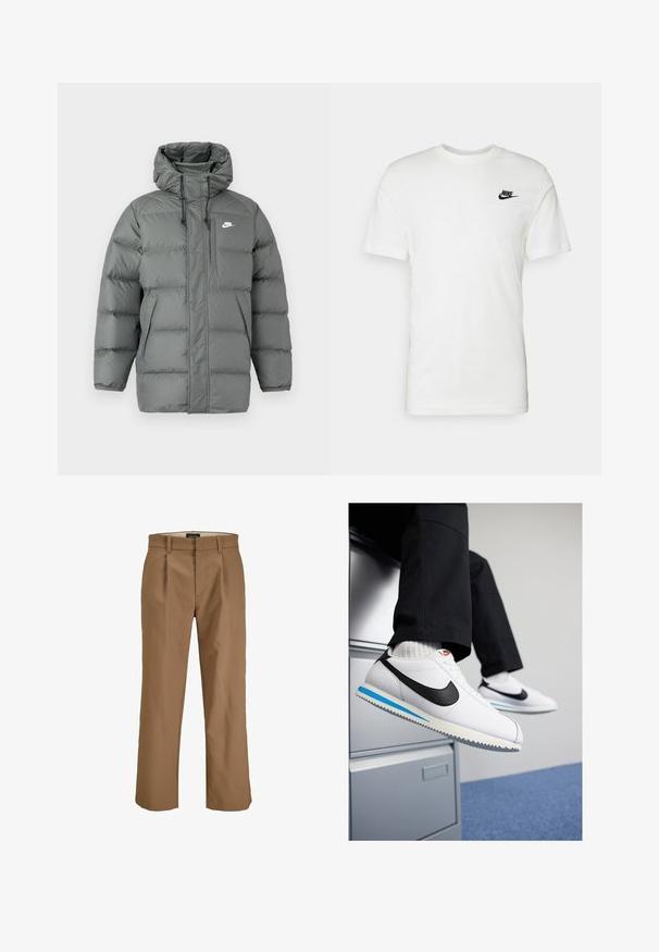 Szara kurtka puchowa z kapturem, zapinana na zamek z regulowanymi sznurkami. Posiada duże, wyścielane sekcje oraz boczną kieszeń z logo.; Biała bawełniana koszulka z krótkim rękawem, okrągłym dekoltem i czarnym logo Nike na lewej piersi. Gładka textura i klasyczny krój.; Brązowe spodnie wykonane z gładkiego materiału, o prostym kroju, z zakładkami z przodu i szlufkami na pasek. Brak widocznych wzorów lub akcentów.; Białe skórzane trampki z czarnym logo Nike, jasnoniebieską i szaro-rubberową podeszwą oraz klasycznym wiązanym zapięciem. Stopy opierające się na szafce na dokumenty.