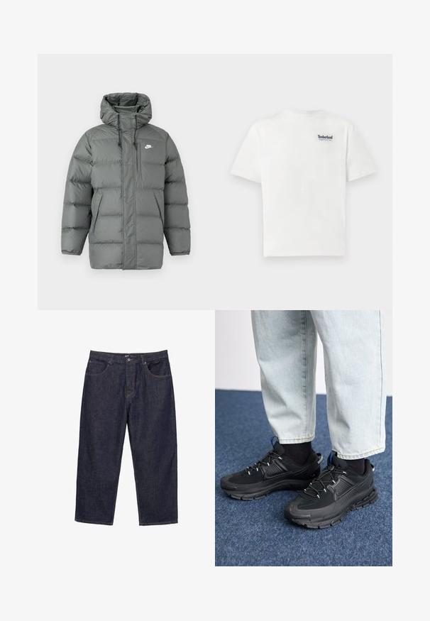 Šedá puffa bunda s kapucňou, zipsom a nastaviteľnými šnúrkami. Obsahuje veľké polstrované sekcie a bočnú kapsu s logom.; Biele bavlnené tričko s modrou vyšívanou značkou "Timberland Rugged Active Gear" na ľavej hornej strane hrudi. Krátke rukávy a okrúhly výstrih.; Tmavo modré deninové rifle so rovnými nohavicami, s predným gombíkom, zipsom a piatimi vreckami, zobrazené na bielom pozadí.; Čierne športové topánky s textúrovanou tkaninou a gumovou podrážkou, so elastickými šnúrkami a modrým akcentom na päte. Nosia sa s svetlými riflami.