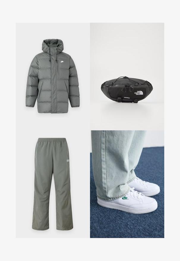 Gray puffer jacket with a hood, zip closure, and adjustable drawstrings. Features large padded sections and a side pocket with logo.; Cream-colored cotton t-shirt with short sleeves, featuring "NIKE SB" in black and red text on the chest. Standard round neckline.; Green, lightweight pants with an elastic waistband, wide leg design, and a small logo on the front. Smooth, synthetic fabric.; White leather sneakers with green Nike logo, round toe, flat sole, paired with light blue denim pants, shown on a blue carpet.; The North Face TERRA LUMBAR 3L UNISEX - Bum bag - asphalt grey/black