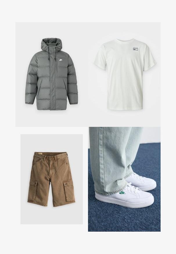 Gray puffer jacket with a hood, zip closure, and adjustable drawstrings. Features large padded sections and a side pocket with logo.; White cotton t-shirt with short sleeves, featuring a black Nike logo on the left chest area. Crew neck design, smooth texture.; Brown cargo shorts made of cotton, featuring two side pockets with flaps, a buttoned waistband, and a relaxed fit. Smooth texture.; White leather sneakers with green Nike logo, round toe, flat sole, paired with light blue denim pants, shown on a blue carpet.