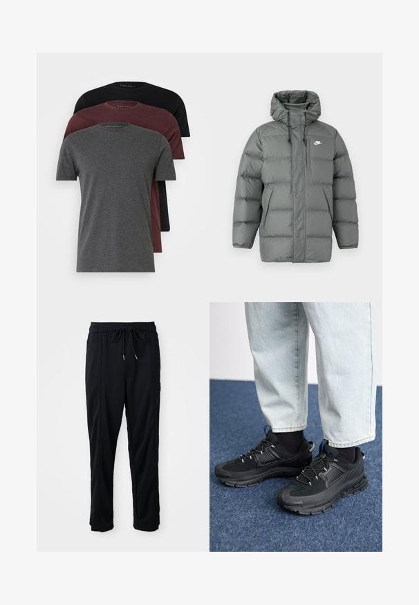Casaco puffer cinza com capuz, fecho em zíper e cordões ajustáveis. Apresenta grandes seções acolchoadas e um bolso lateral com logótipo.; Três t-shirts de mangas curtas em cinza escuro, borgonha e preto. Feitas de algodão macio, apresentam um decote redondo e um corte confortável.; Calças casuais pretas com cordão na cintura, com bolsos laterais e corte reto, sobre um fundo simples.; Sapatilhas desportivas pretas com tecido texturizado e solas em borracha, apresentando atacadores elásticos e um detalhe azul no calcanhar. Usadas com calças de ganga claras.