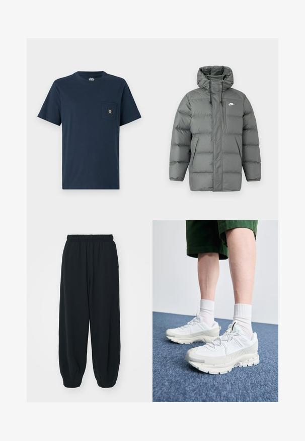 Šedá nafouknutá bunda s kapucí, zipovým uzávěrem a nastavitelnými stahovacími šňůrkami. Obsahuje velké polstrované části a boční kapsu s logem.; Námořnická modrá bavlněná tričko s krátkým rukávem, kulatým výstřihem a kapsou na hrudi s čtvercovou nášivkou loga. Hladká textura, neformální design.; Černé teplákové kalhoty s elastickým pasem, volným střihem, manžetami na kotnících, hladkým povrchem a bez viditelných vzorů či kovových detailů.; Bílé sportovní boty s texturovanými překryvy, masivní podrážkou a šedými akcenty. Na nohou mají bílé ponožky a zelené šortky na modrém povrchu.