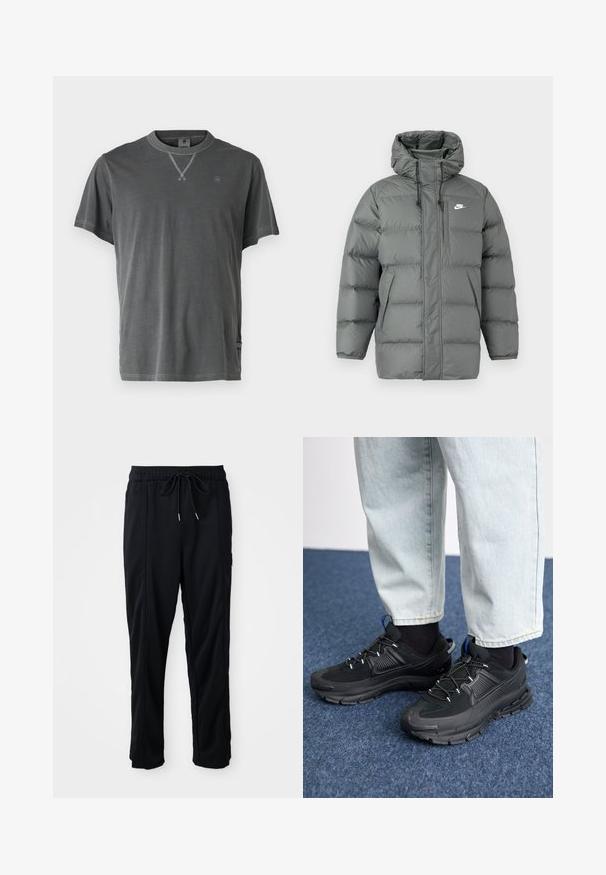 Szürke puffernadrág kapucnival, cipzárral és állítható húzózsinórokkal. Nagy párnázott részekkel és oldalsó zsebbel rendelkezik, amelyen a logó található.; Szürke pamut póló kerek nyakkal, rövid ujjal és textúrált nyakrésszel. Kis logó található a mellkason és oldalhem részlet.; Fekete húzózsinóros, kényelmes nadrág oldalsó varrású zsebekkel és egyenes szabással, egyszínű háttéren.; Fekete sportcipők texturált anyaggal és gumitalppal, elasztikus fűzőkkel és kék kiegészítővel a saroknál. Világos farmernadrággal viselve.