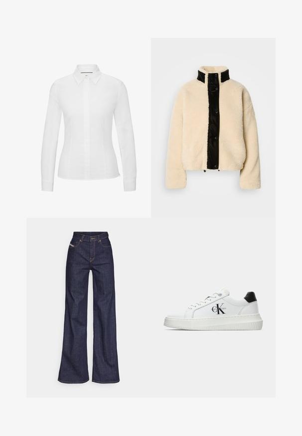 Cream-colored fleece jacket with a shiny black front panel, high collar, and snap buttons; features a soft texture and cropped design.; White long-sleeve shirt made from smooth cotton, featuring a classic pointed collar, front button closure, and tailored fit with side slits.; Dark blue wide-leg jeans in denim fabric with a high waist, featuring orange stitching, five-pocket design, and a button closure.; White low-top sneaker with black heel tab, platform sole, laces, and Calvin Klein "CK" logo on the side.