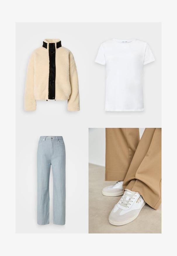 Jachetă din fleece de culoare crem, cu panou frontal lucios negru, guler înalt și nasturi cu capsenă; prezintă o textură moale și un design scurt.; Tricou alb cu mâneci scurte, fabricat din bumbac, cu design de guler rotund. Textură netedă și croială dreaptă, fără modele sau accente.; Jeans drepti de culoare bleu deschis, din denim. Prezintă cinci buzunare, un închizător metalic și o ușoară decolorare pentru textură.; Adidași albi cu accente din piele de căprioară, șireturi texturate și o talpă din cauciuc. Purtați cu pantaloni largi de culoare bej. Logo-ul este afișat pe lateral.