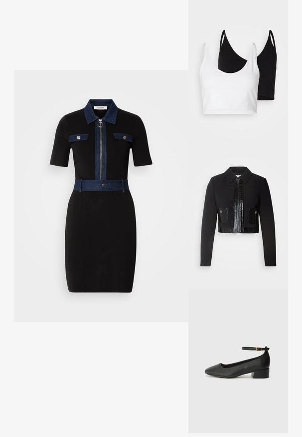 Morgan VARIN - Vasaras jaka - noir; Melnās kleitas īsas piedurknes, džinsa akcenti apkaklē, kabatās un jostā. Ar centrālu rāvējslēdzēju un pieguļošu siluetu.; Divi kokvilnas topi baltā un melnā krāsā. Katram ir dziļa kakla izgriezuma forma un plānas plecu siksnas, ar gludu, mīkstu tekstūru.; Melnas ādas sūkņi ar smailu purngalu un zemu bloku papēdi. Iezīmēts ar potītes siksniņu ar zelta krāsas sprādzi. Gluda tekstūra.