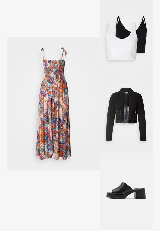 Morgan VARIN - Veste légère - noir; Robe maxi avec corsage froncé, bretelles réglables à nouer et motif paisley vibrant en rose, orange et bleu sur fond clair.; Deux tops courts en coton, l'un blanc et l'autre noir. Chacun a un décolleté plongeant et des fines bretelles, offrant une texture lisse et douce.; Mules à plateforme en cuir noir avec un bout ouvert rond, un petit talon carré et une texture lisse. Design minimaliste avec des lignes épurées.