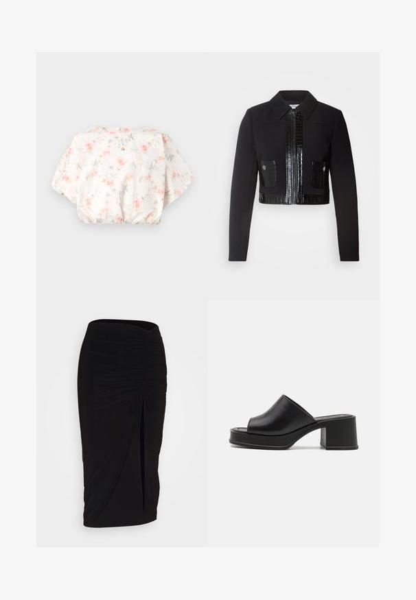 Morgan VARIN - Sommerjakke - noir; Blomstermønstret bluse med hvit bakgrunn, med pastellrosa og grå blomsterdesign, puffede ermer og rynket hem. Lukking med nøkkelhull bak.; To bomulls t-skjorter i hvit og svart. Hver har en dyp utringning og tynne skulderstropper, med en glatt og myk tekstur.; Svart, rynket blyantskjørt med knyting og sidelits. Laget av et elastisk stoff, med en glatt tekstur og en kroppsnær passform.; Sorte lærplattformmuler med avrundet åpen tå, lav blokkhel og glatt tekstur. Minimalistisk design med elegante linjer.