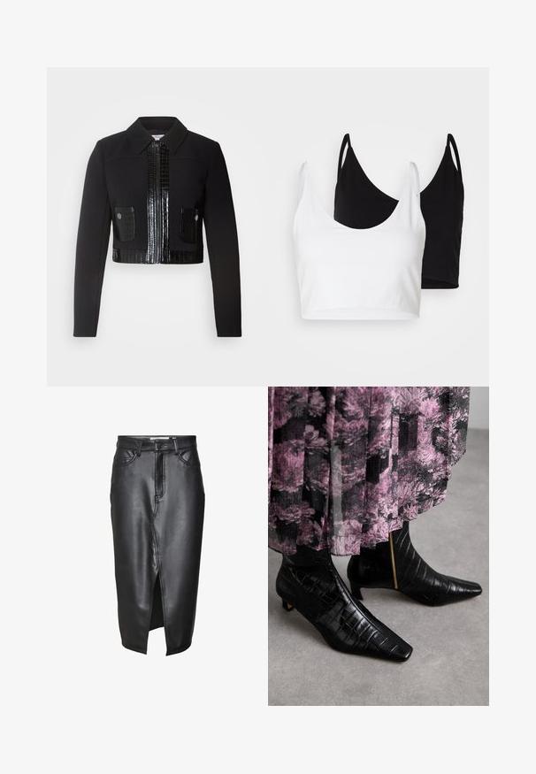 Morgan VARIN - Veste légère - noir; Deux tops courts en coton, l'un blanc et l'autre noir. Chacun a un décolleté plongeant et des fines bretelles, offrant une texture lisse et douce.; Jupe en cuir noir au design mi-long, dotée d'une fente sur le devant, de passants de ceinture classiques et de détails cousus le long des coutures.; Bottines en cuir noir avec une texture crocodile, bout pointu et petit talon bloc ; elles présentent un accent de zip doré sur le côté.