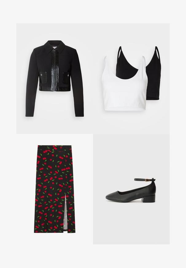 Morgan VARIN - Kevyt takki - noir; Kaksi puuvillapaitaa valkoisena ja mustana. Kummassakin on syvä kaula-aukko ja ohuet olkaimet, ja ne ovat sileitä sekä pehmeitä.; Mustapuku, jossa on kirsikkakuosi punaisilla kirsikoilla ja vihreillä lehdillä. Sisältää sivureiän lisäsuunnitteluelementtinä.; Mustat nahkakengät, joissa on terävä kärki ja matala lohkare korko. Varustettu nilkkahihnalla, jossa on kultasävyinen solki. Lisää sileä pinta.