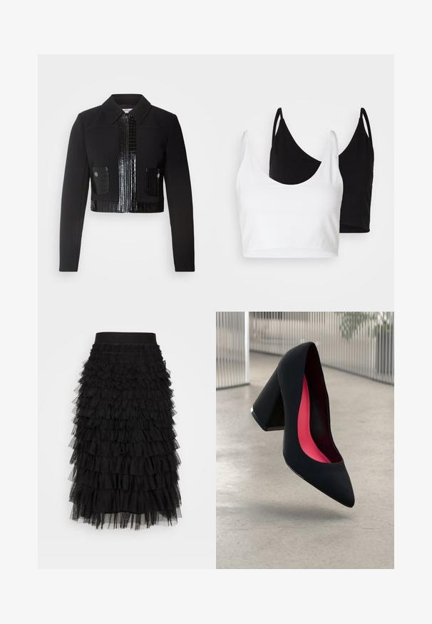 Morgan VARIN - Lehká bunda - noir; Dvě bavlněné crop topy v bílé a černé barvě. Každý má hluboký výstřih a tenké ramínka, s hladkou, měkkou texturou.; Černá vrstvená sukně s elastickým pasem, několika vrstvami nabíraných volánů a měkkým tylovým texturem, která dodává objem a pohyb.; Černá vysoká podpatková bota s špičatou špičkou, texturovaným povrchem a živým růžovým interiérem. Obsahuje masivní podpatek se stříbrným akcentem.