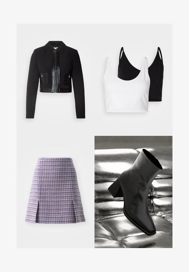 Morgan VARIN - Sommerjakke - noir; To bomulls t-skjorter i hvit og svart. Hver har en dyp utringning og tynne skulderstropper, med en glatt og myk tekstur.; Lilla tweed skjørt med geometrisk mønster, med en tettsittende midje og to sidesplitter for bevegelse. Teksturert overflate med en strukturert silhuett.; Sorte ankelstøvler laget av blankt materiale med firkantet tå og avsmalnende hæl, plassert mot en glinsende sølvfarget tuftet bakgrunn.