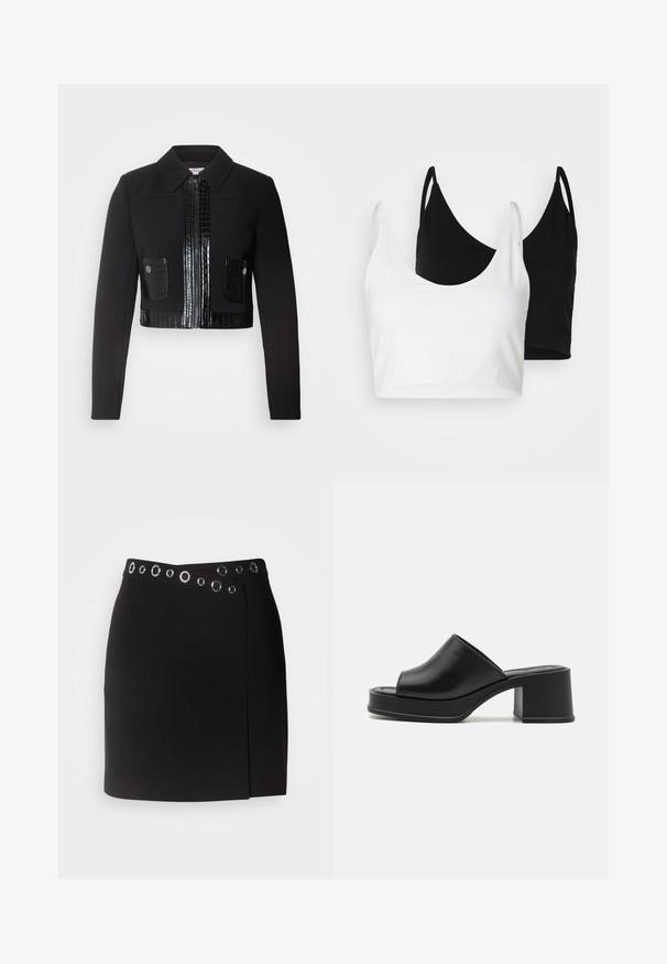 Morgan VARIN - Chaqueta fina - noir; Dos tops de algodón en blanco y negro. Cada uno tiene un escote profundo y tirantes delgados, con una textura suave y lisa.; Morgan JILLY - Falda cruzada - noir; Mules de plataforma de cuero negro con punta abierta redondeada, tacón bajo y textura suave. Diseño minimalista con líneas elegantes.